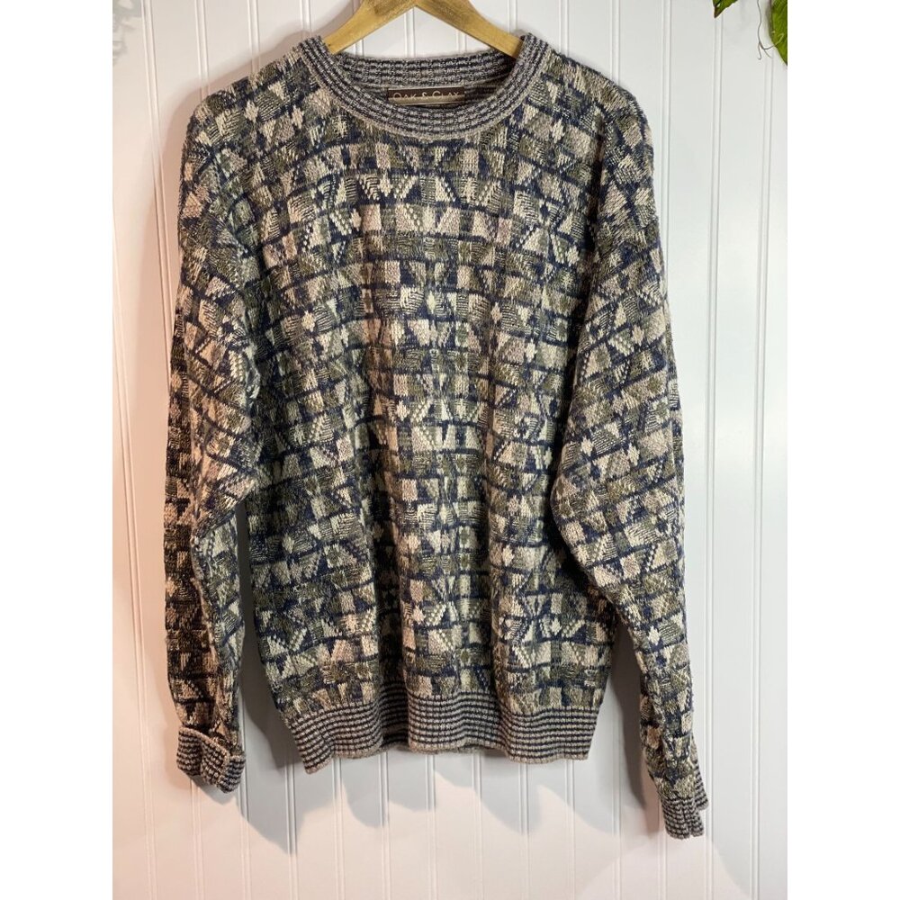VTG Sweater Mens L Geometric Printed Long Sleeve Grandpa Retro